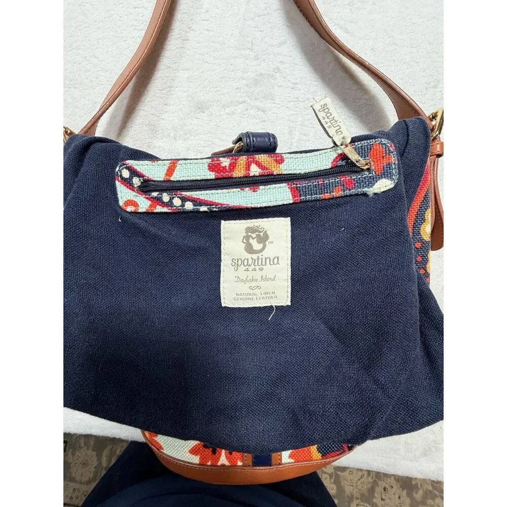 Spartina 449 Waving Mermaid Flower Pattern Leather Linen Tote Purse Shoulder Bag